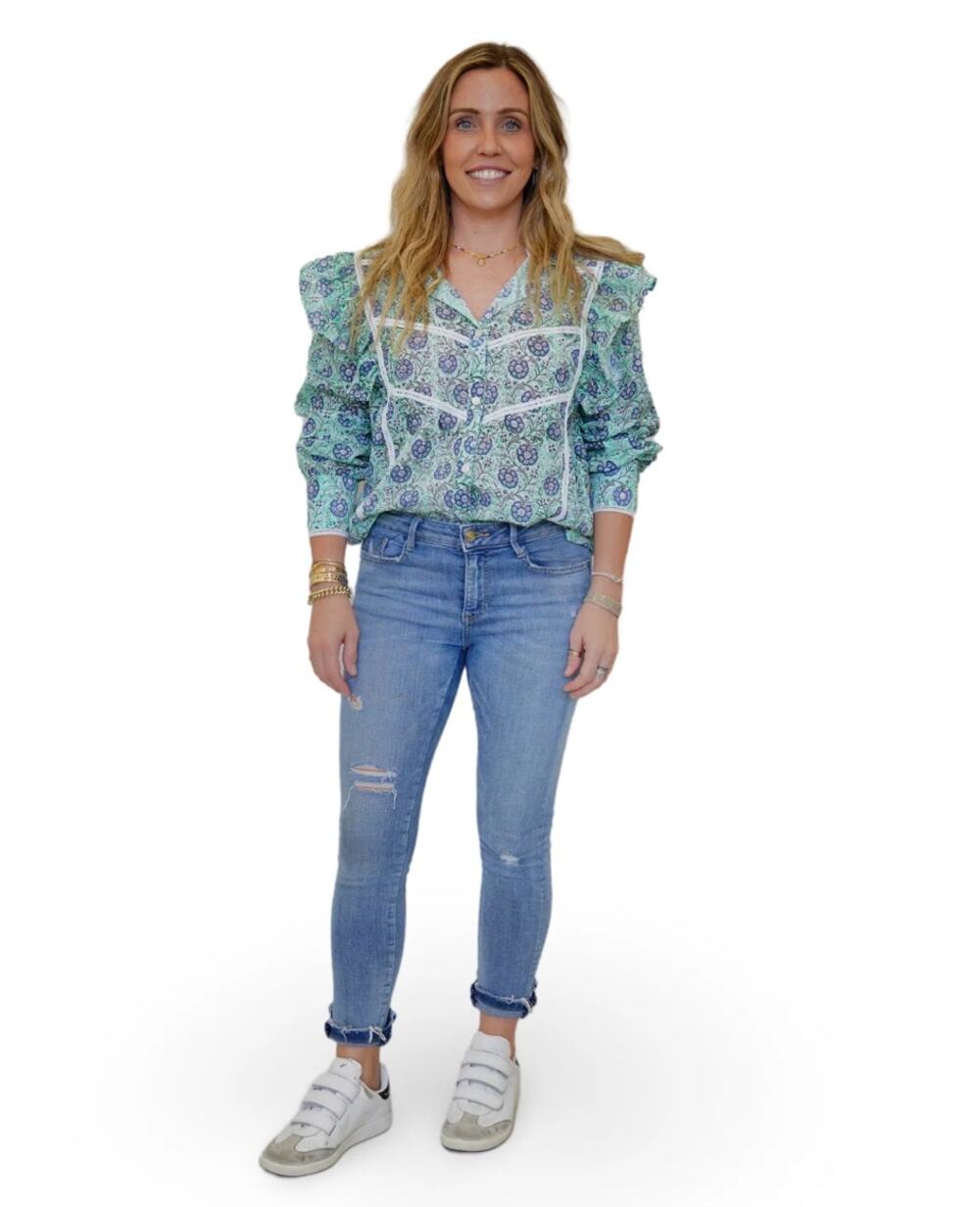 NWT SLV Sur La Vague Floral Lace Green Blue Feminine Cottagecore Peasant Blouse